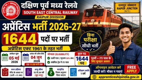 Railway SECR Apprentice Recruitment 2026: रेल्वे में अप्रेंटिस की नई भर्ती जारी कक्षा 10वीं और आईटीआई पास करें आवेदन