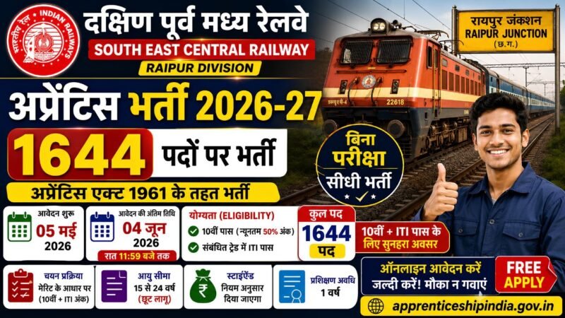 Railway SECR Apprentice Recruitment 2026: रेल्वे में अप्रेंटिस की नई भर्ती जारी कक्षा 10वीं और आईटीआई पास करें आवेदन